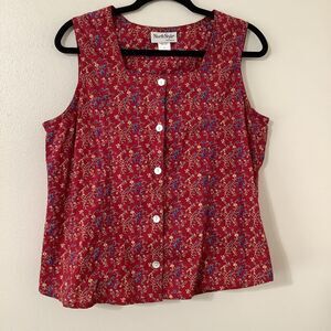 Vintage Red Floral Prairie Western Country Cowgirl Cotton Sleeveless Blouse L